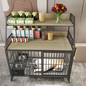 English Elm Large Pet Cage with Iron Frame Mdf Panels Storage Rack and Steel Feeding Basins Beige,Black W3064P245386