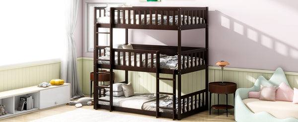 English Elm Twin Size Triple Bunk Bed In Espresso - Space-Saving Rubberwood Design With Ladders And Guardrails W504S00243-GIGA