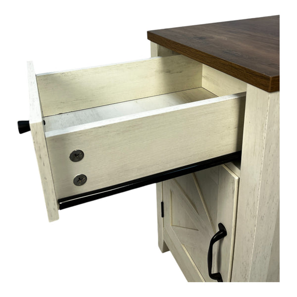English Elm Farmhouse Nightstand with Charging Station and Barn Door Drawer — USB-C, AC Outlets, Compact Storage Brown+White W1412P230407