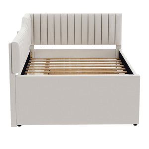 English Elm Full Upholstered Daybed with Trundle and Three Drawers, Linen-Blend Fabric, Space-Saving Guest Bed, Storage-Friendly Design Beige DL002058AAA