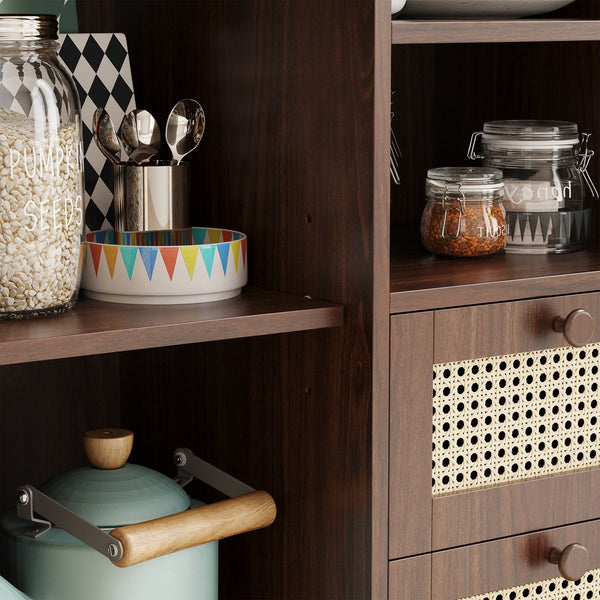 English Elm Rattan Cane Front Sideboard with Drawers Adjustable Shelf Bohemian Storage Cabinet Walnut T3623P434733
