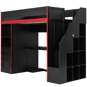 English Elm Gaming Twin Loft Bed with Led Desk Storage Locker and Bold Black Red Finish N709P004102J
