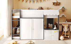 English Elm Twin House Loft Bed with Pull Out Rolling Desk Stair Drawers and Cabinet Storage White+Gray N820S00074E