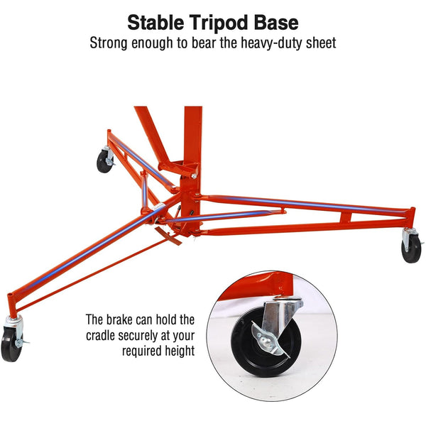 English Elm Drywall Hoist 11 Foot Steel Panel Lift with Telescopic Arm Winch and Locking Casters Red W2069P293024