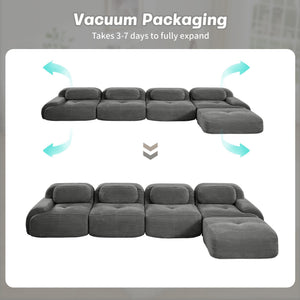 English Elm 4-seat Modular Corduroy Sectional Sofa with Curved Armrests for Living Rooms Grey W714S01271