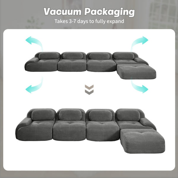 English Elm 4-seat Modular Corduroy Sectional Sofa with Curved Armrests for Living Rooms Grey W714S01271