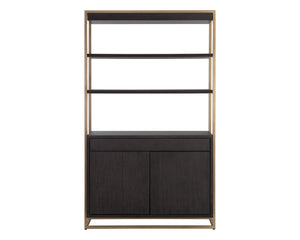 Sunpan Baldessara Bookcase - Rustic Bronze Steel Frame with Grey Oak Veneer Shelves, Anti-Tipping Kit Included