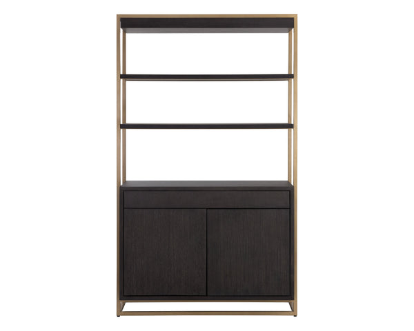 Sunpan Baldessara Bookcase - Rustic Bronze Steel Frame with Grey Oak Veneer Shelves, Anti-Tipping Kit Included