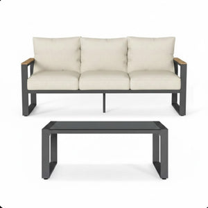 English Elm 2-piece Outdoor Aluminum Patio Sofa Set with Tempered Glass Table and Cushioned Seating Beige+Black B082P455138