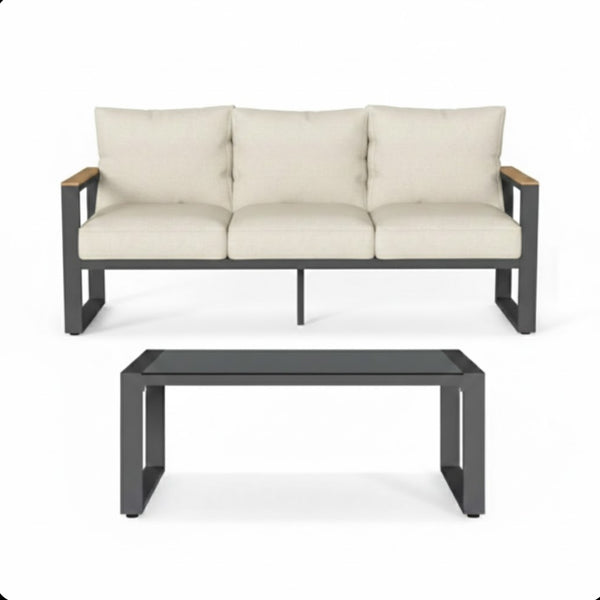 English Elm 2-piece Outdoor Aluminum Patio Sofa Set with Tempered Glass Table and Cushioned Seating Beige+Black B082P455138
