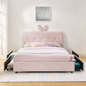 English Elm Queen Boucle Upholstered Kids Bed with Rabbit Ear Headboard Led Lighting Storage Drawers Pink W1413P384926
