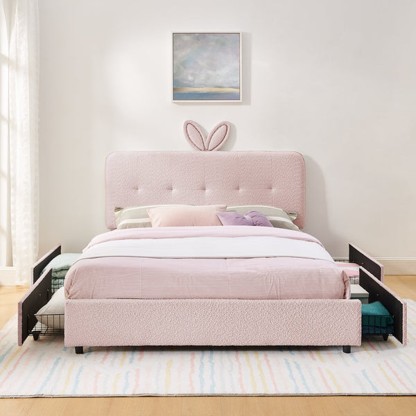 English Elm Queen Boucle Upholstered Kids Bed with Rabbit Ear Headboard Led Lighting Storage Drawers Pink W1413P384926