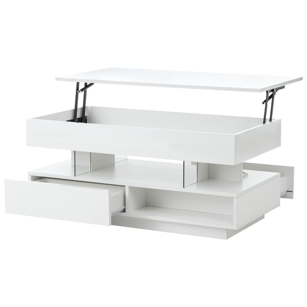 English Elm 39.3" Lift Top Coffee Table with Hidden Storage, 2 Drawers, Adjustable LED Ambience Lights and Durable Lift Mechanism White W3871P368909