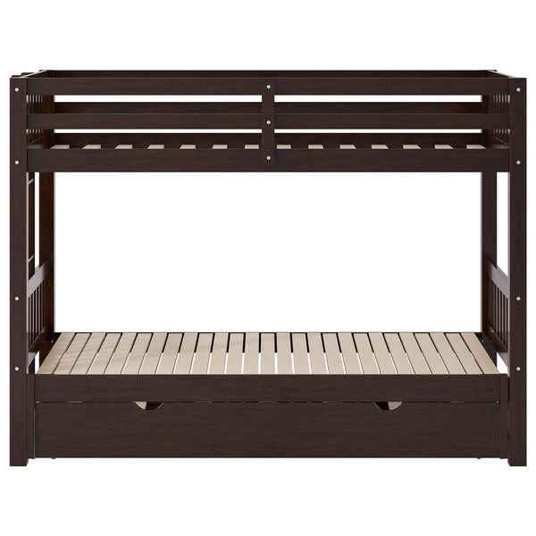 English Elm Twin over Pull-out Bunk Bed with Trundle and Wheels, Space-Saving Pine/MDF Frame Sleeps Four Crowd-Friendly Design Espresso GX000301AAP