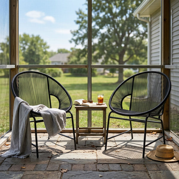 English Elm Nusa Outdoor Pe Rattan Patio Chairs with Iron Frame Airy Oval Weave Set of 2 Black N775P422987B