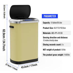 English Elm 50L Smart automatic Trash Can with Silent Slow-Close Lid, Motion Sensor, Durable 0.45mm Steel Body Yellow W1550P247984
