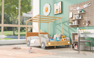 English Elm Wood Full Size Car Bed with LED Night Lights, Pine Frame, Imaginative Canopy & Cozy Pillow (Natural) WF309289AAM