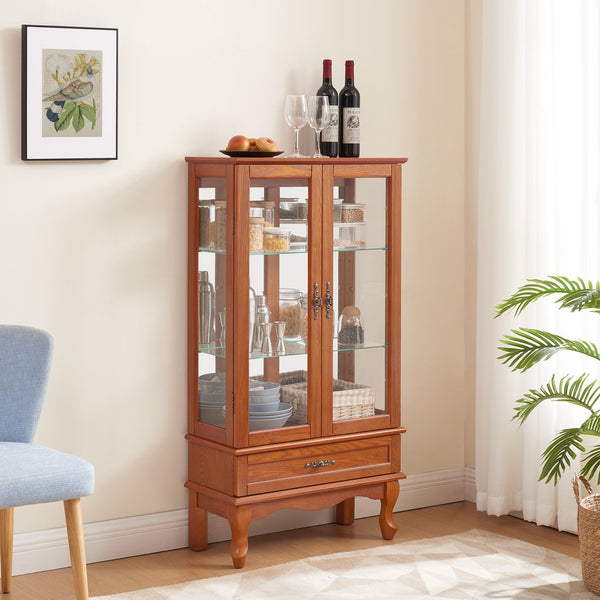 English Elm Lighted Curio Cabinet With Adjustable Shelves, Illuminated Display, 2 Doors & Drawer, Oak Finish W2275P178824