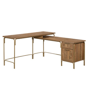 English Elm L-Shaped Desk In Warm Brown & Gold Finish - Perfect For Home Offices, Gaming, And Small Spaces! B356P354450