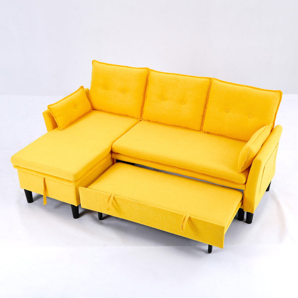 English Elm L-Shaped Reversible Chaise Sectional Sofa with Storage and Fold-Out Bed Cotton-Linen Modern Design Yellow W3371S00027