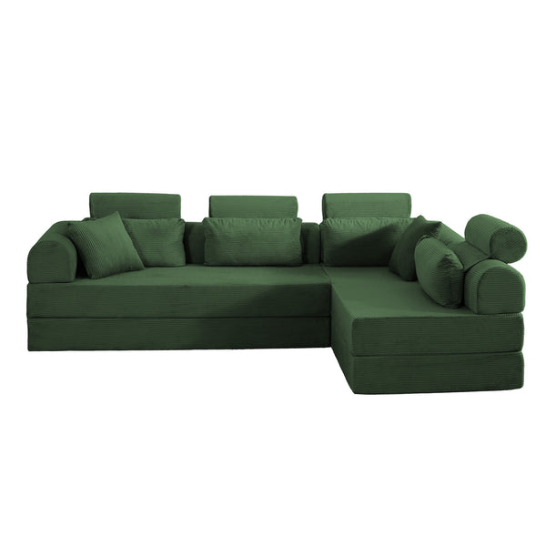 English Elm L Shaped Corduroy Sectional Sofa Converts to Sleeper Bed Space Saving Modular Couch Green W5532S00005