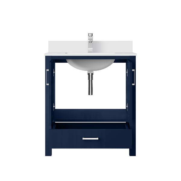 English Elm Navy 30" Bath Vanity with White Quartz Top, Soft-Close Drawer, Chrome Faucet & Spacious Storage B2731P259012
