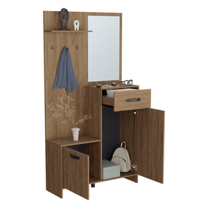 English Elm Parker 75" Tall Mirrored Hall Tree with Hangers, Drawer, Shelves & Cabinets in Light Oak for Entryways B200P286967