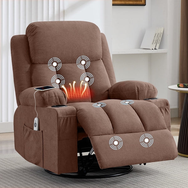 English Elm Swivel Rocker Recliner with Massage Heat and Usb Port for Living Room Comfort W1521P461085