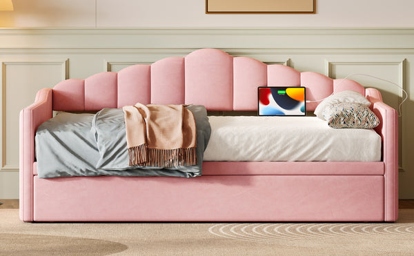 English Elm Upholstered Twin Daybed with Pop-Up Trundle, Built-In USB Type-C Charger, Side Pockets, Velvet Frame Pink 77.25 L x 17.25 W x 5.31 H N733S285118H