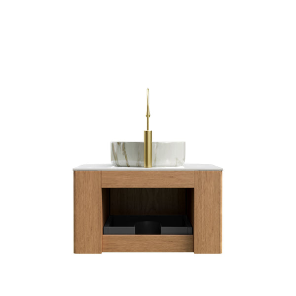 English Elm Dina Floating Bathroom Vanity with Sintered Stone Top and Crystal Glass Basin Carrara White,Natural Wood,Stone White W2615S00382