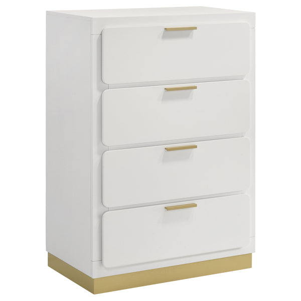 English Elm Modern four-drawer chest with sleek mid-century lines, smooth glides, wood construction, slim handles, versatile bedroom storage solution Gold,White 34.25 L x 21.26 W x 48.42 H B011P362582
