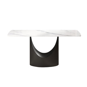 English Elm 63" Modern Sintered Stone Dining Table With Curved White Panel & Black Iron Legs - Seats 6-8 People! W1535S00558
