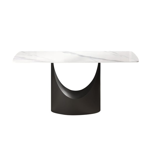 English Elm 63" Modern Sintered Stone Dining Table With Curved White Panel & Black Iron Legs - Seats 6-8 People! W1535S00558
