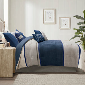 English Elm 7 Piece Faux Suede Comforter Set In Blue & Charcoal For Cal King – Cozy, Modern & Easy Care! B03596786