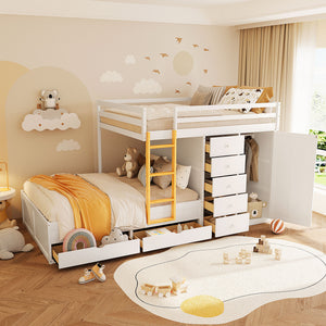 English Elm Full Size Bunk Bed with Integrated Drawers Wardrobe Mdf Solid Wood Kids Storage White LT000463AAK