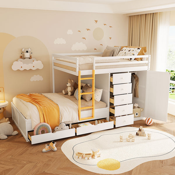 English Elm Full Size Bunk Bed with Integrated Drawers Wardrobe Mdf Solid Wood Kids Storage White LT000463AAK