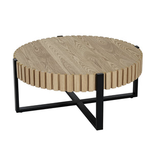 English Elm Round Gear Motif Drum Coffee Table Walnut Mdf Top Iron Base Compact Living Room Accent N770P372354N