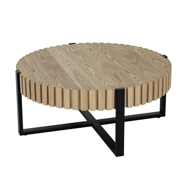 English Elm Round Gear Motif Drum Coffee Table Walnut Mdf Top Iron Base Compact Living Room Accent N770P372354N
