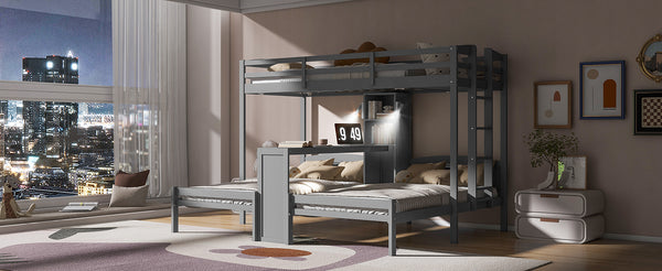 English Elm Twin Triple Bunk Bed with Built in Desk Open Shelving and Led Task Lighting Gray N7090002243E