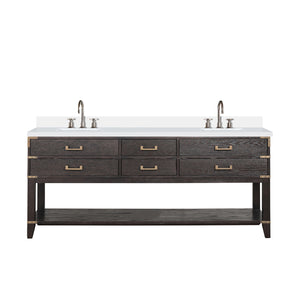 English Elm Brown Oak Double Bath Vanity With White Quartz Top, Soft-Close Drawers, Faucet Set Included, 80" W B2731P260339