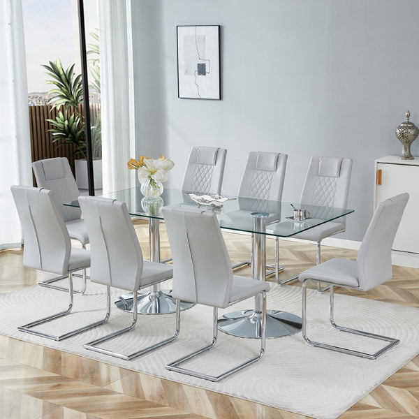 English Elm Table and Chair Set Tempered Glass Top Seats Eight with Pu Leather Dining Chairs Light Gray,Silver,Transparent W1151S04553