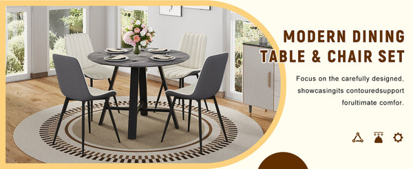 English Elm Table Modern Minimalist 42" Round Dining Set With 4 Ergonomic Pu Leather Chairs In Gray & White W1151S03394-GIGA