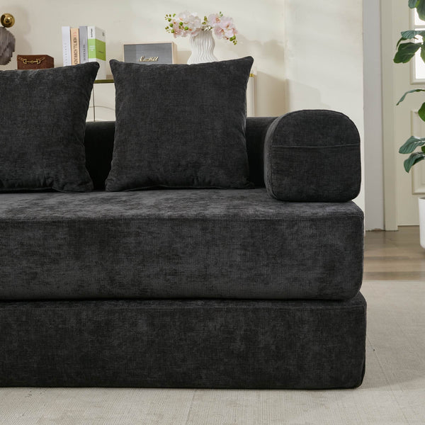 English Elm Comfy Chenille Convertible Folding Mattress Couch Sofa Bed with Armrest, Space-Saving, No Assembly Needed Black W1143P330250