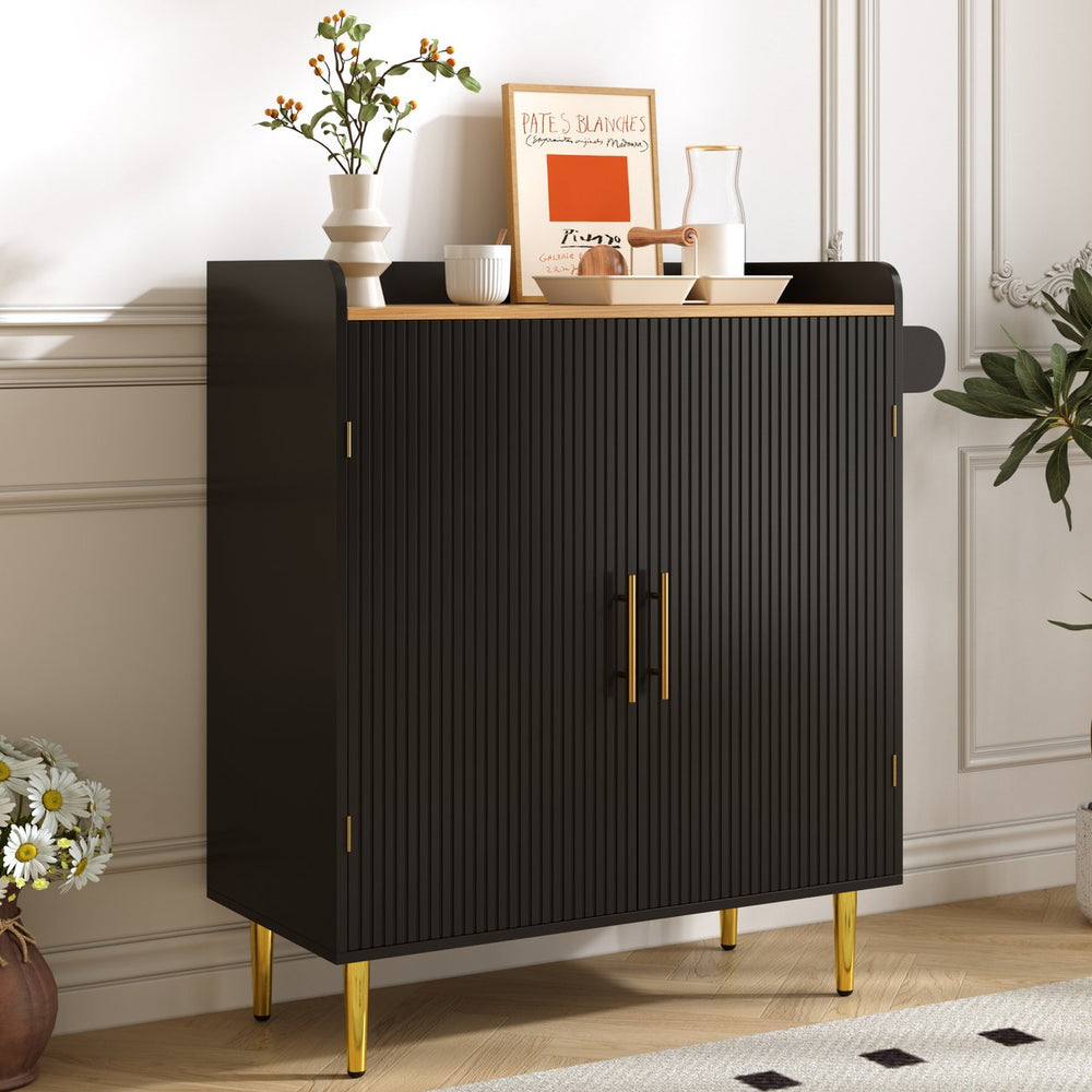 English Elm Modern Fluted Bar Cabinet with Wine Rack Glass Holders Adjustable Shelving and Hidden Drawer Black N728P438606B