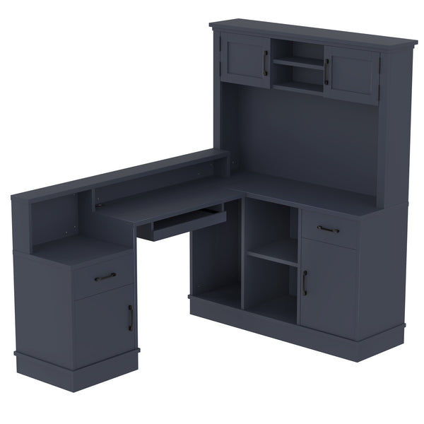 English Elm L-shaped Corner Computer Desk with Built-in Outlets Drawers and Open Shelving Storage W1580S00270