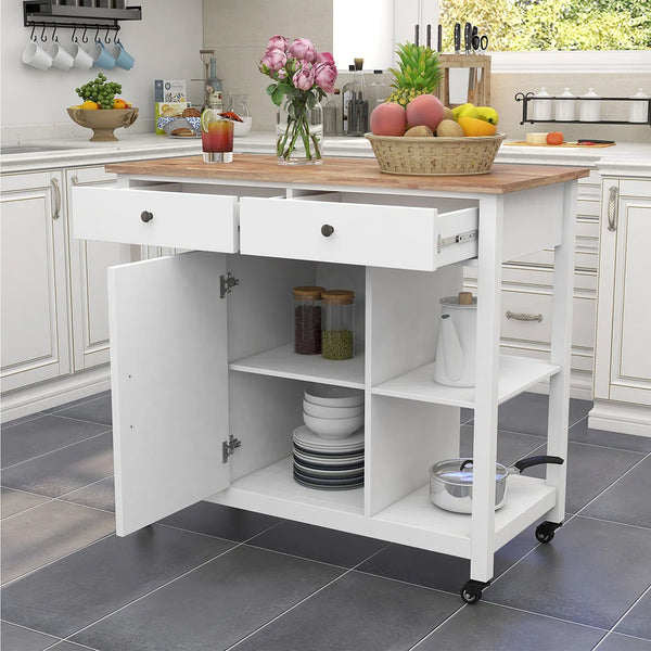 English Elm 40" Kitchen Island Cart with Solid Rubber Wood Top, Locking Casters, Drawers & Towel Rack White T3771P372502