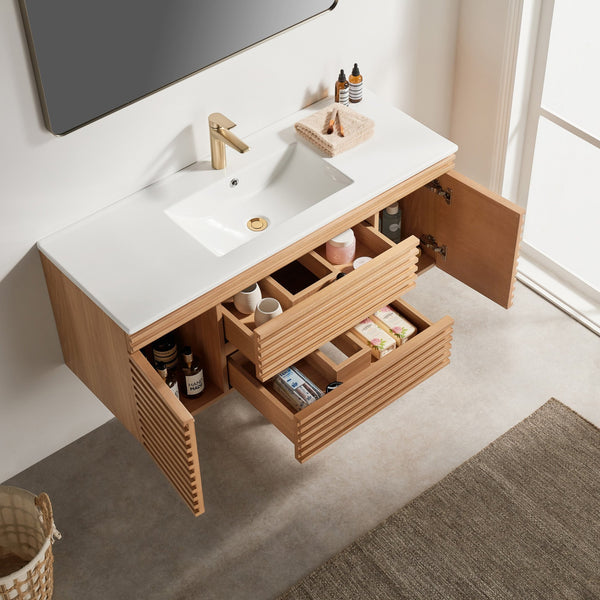 English Elm 48" Floating Bathroom Vanity with Ceramic Basin Two Drawers and Cabinet Storage W1826P308973