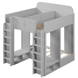 English Elm Triple Bunk Bed Wood Frame with Built in Shelves Hooks for Shared Kids Rooms Gray N7090004027E