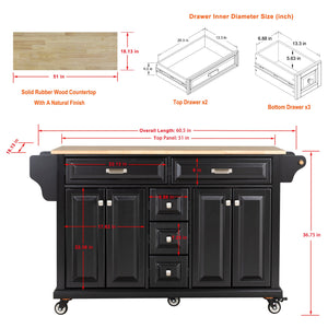 English Elm Kitchen Island durable rubberwood countertop kitchen cart on casters with towel rack, spice shelf, 5 drawers and adjustable shelving for organized meal prep and mobility Black W914S00003