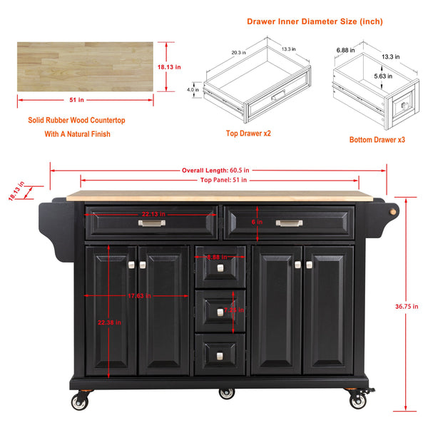 English Elm Kitchen Island durable rubberwood countertop kitchen cart on casters with towel rack, spice shelf, 5 drawers and adjustable shelving for organized meal prep and mobility Black W914S00003